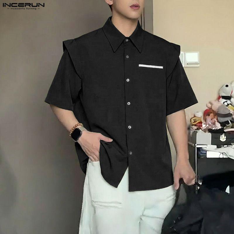 INCERUN Oversized Men Lapel Neck Short Sleeve Fake Two-piece Casual Shirts Tops