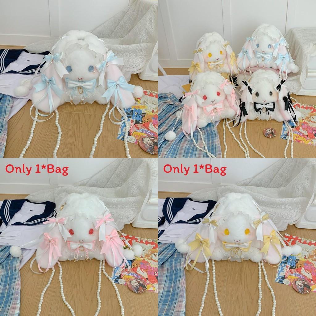 Bow Tie Drawstring Rabbit Plush Backpack With Pearl Chain For Daily Use