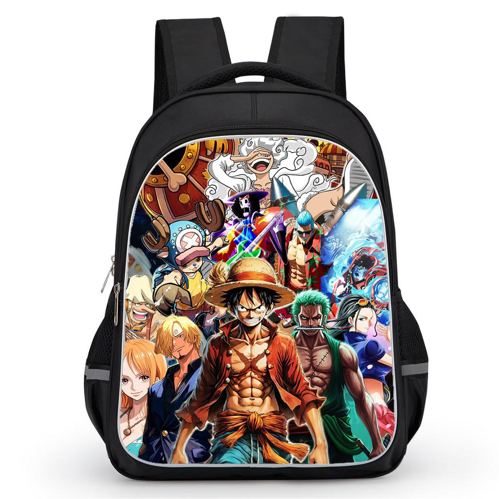 16 Inch Black Cartoon One Piece Backpack Mochila, Light Weight Unisex School Backpack Travel Daypack for Boys Girls Age 6-10