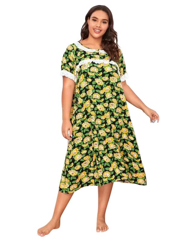 Yaz kadın Yuvarlak Boyun Loungewear Gevşek Yumuşak ve Rahat Pijama Uzun Elbise Baskılı Dantel Patchwork Kısa Kollu Ev Gecelik