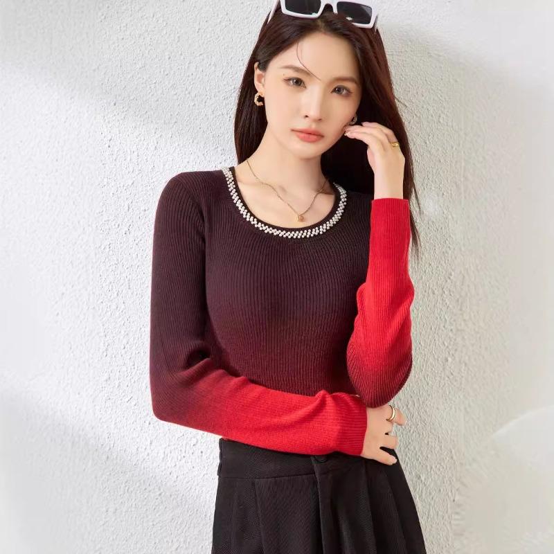 Gradual change color hanging dye sweater women's autumn new silk wool knitted sweater bottoming shirt round neck beaded top