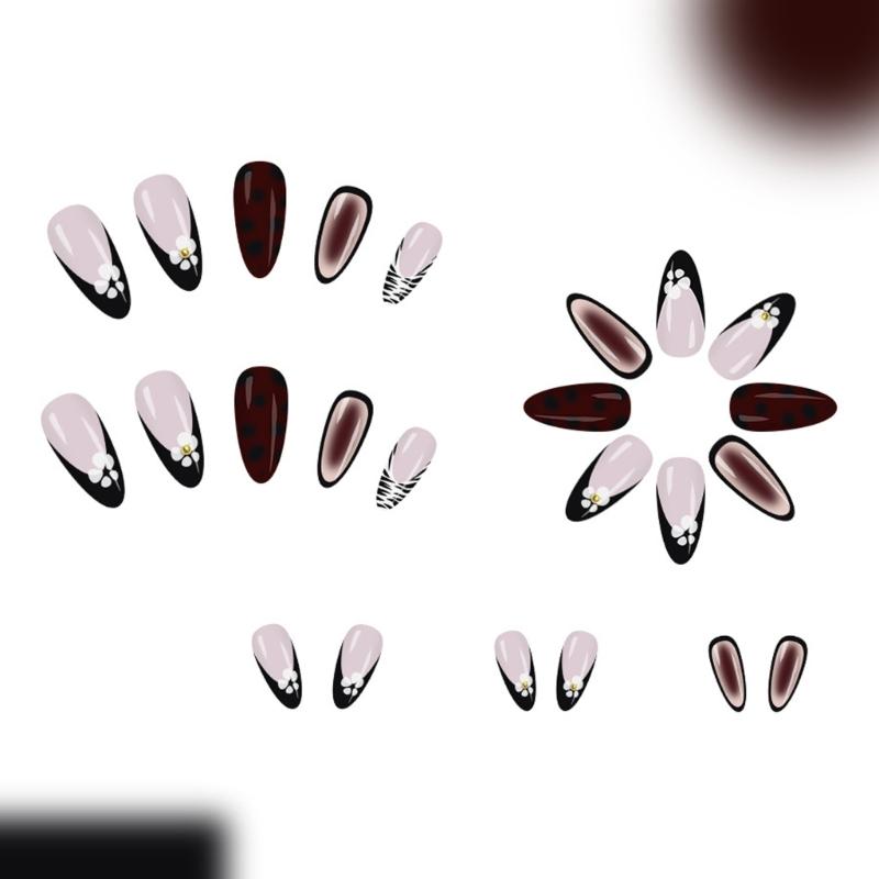 Pack of 24 French False Nail With Leopard Design Striped Floral Patterns Steel Beads For Women Elegant Press On Nail
