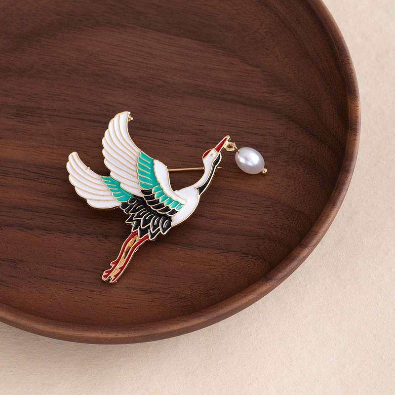 Chinese Good Luck Crane & Deer Brooch - Lotus Fish Design, Creative Retro Metal Pin