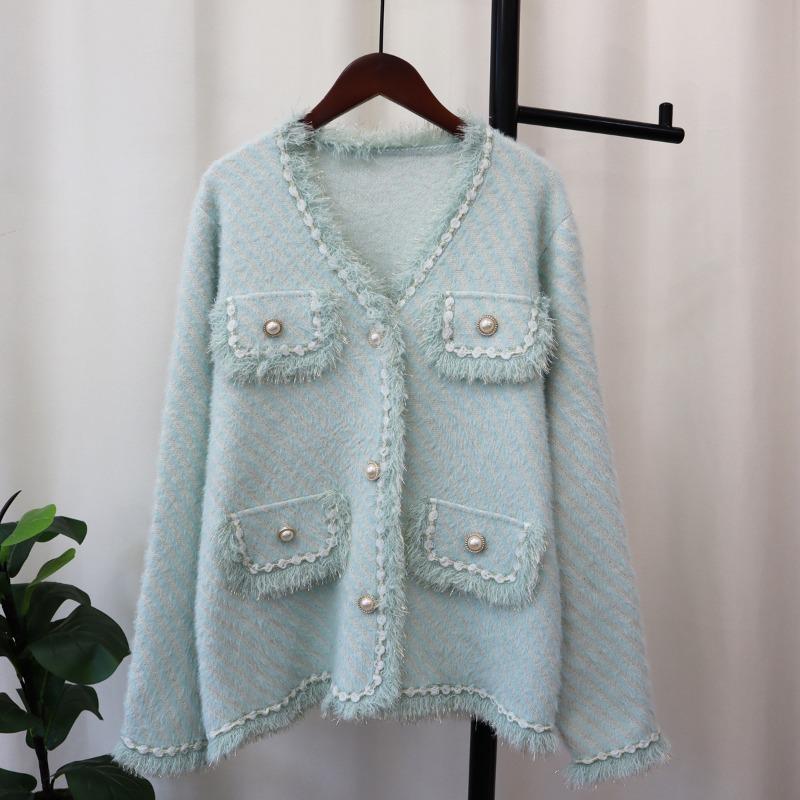 Herbst und Winter neue lockere Strickjacke aus Imitat-Nerz-Samt, feminin, weich, wachsartig, Pulloverjacke