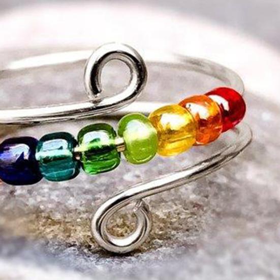 Yousheng Women Ring Rotatable Adjustable Opening Design Geometric Electroplating Anti Stress Gifts Colorful Rainbow Beads Anxiety Spinner Ring Jewelry