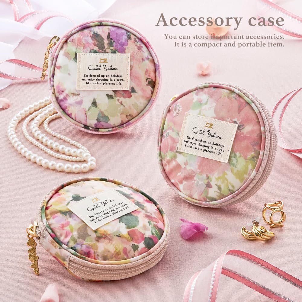 Portable Mini Travel Jewelry Pouch for Earrings and Floral Made in Japan Garden Case, Rings, Stylish, Small, Lightweight, Print, (Melange Pink)