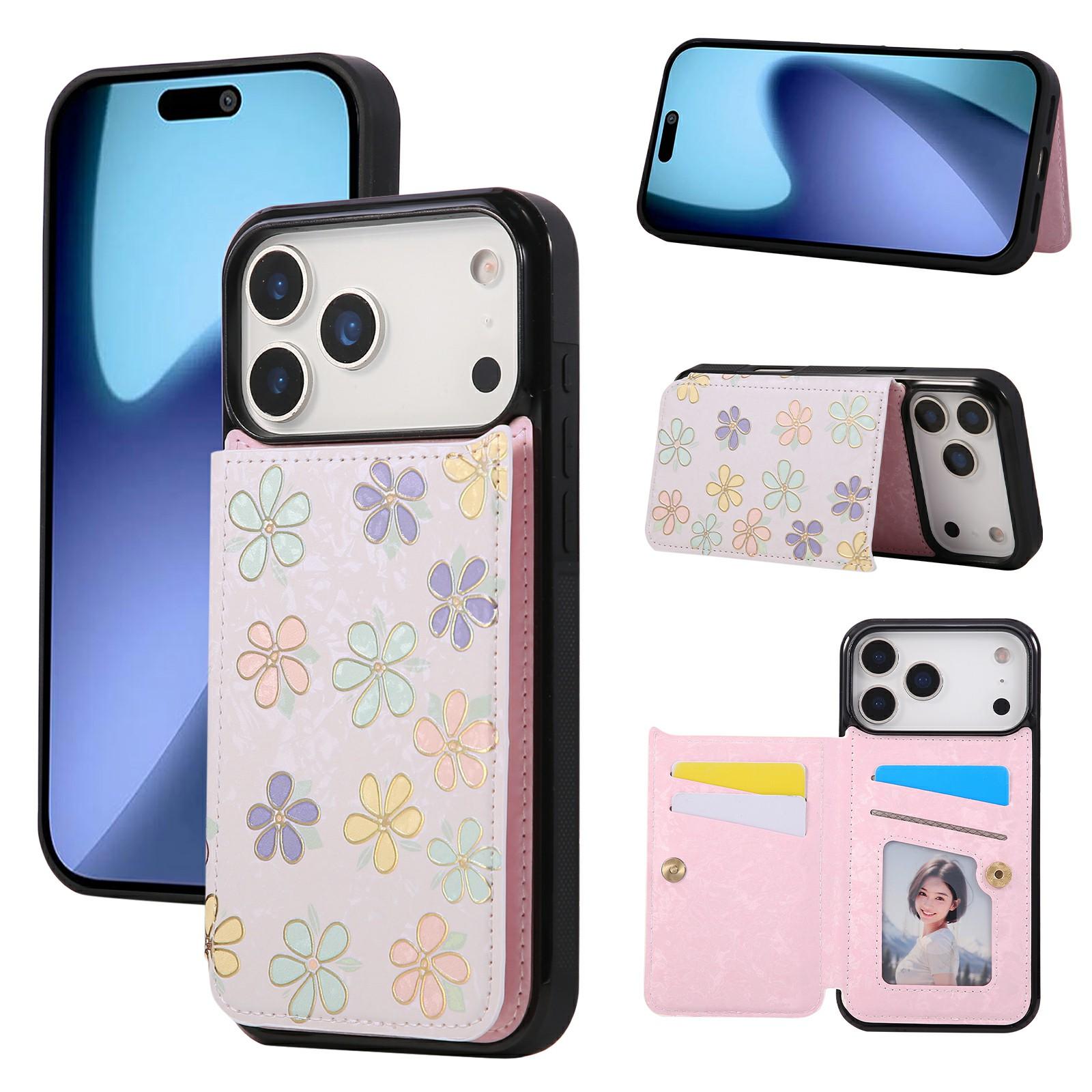 

For iPhone 17 Pro Case Flower Leather TPU RFID Blocking Phone Cover Card Slots D