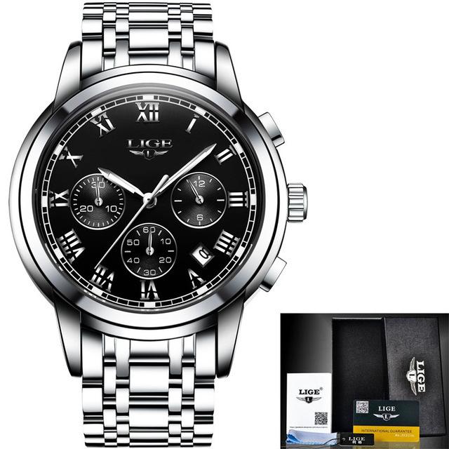 LIGE Waterproof Man Wristwatch Men's Watch Quartz Stainless Steel Band Chronograph Calendar Luxury Watches Relogio Masculino