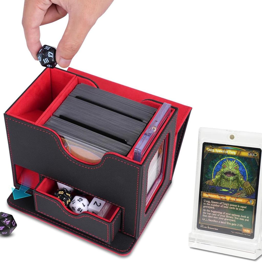 PU Leather Dice & Card Storage Box for 120+ Sleeved Cards, Dice, and Tokens - Compatible with Yu-Gi-Oh! & Magic: The Gathering, with Windowed Display.