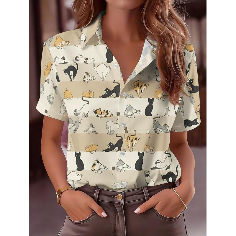 Women's Casual Short Sleeve Shirt Colorful Kittens Pattern Button Up Light Fabric Cute Top Machine Washable Fashionable