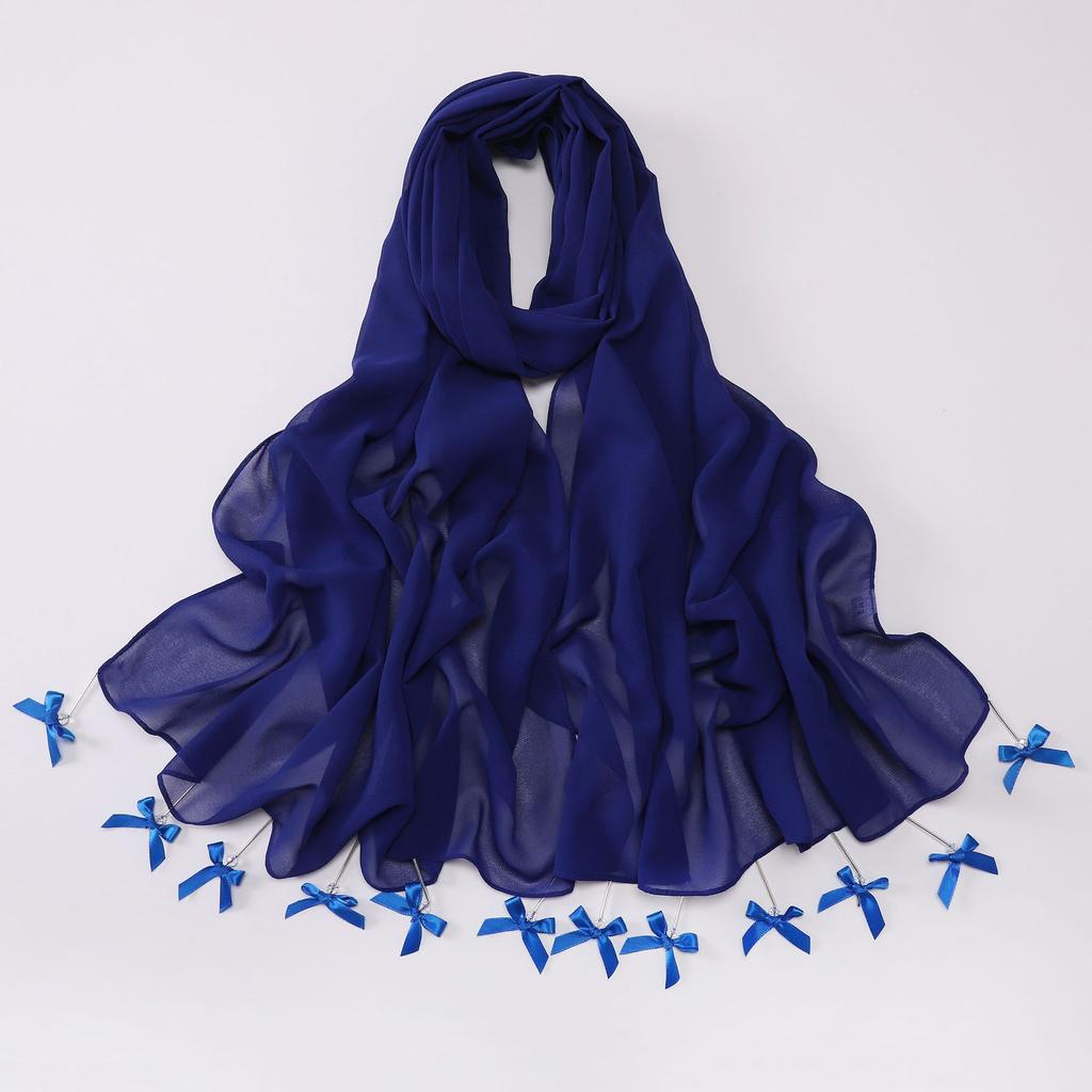 New Chiffon Hijab Veil Scarf Hand-Sewn Glass Tube Bow Long Scarf Gauze Horse Muslim Women Hijab Islam Turban Headscarves Ladies