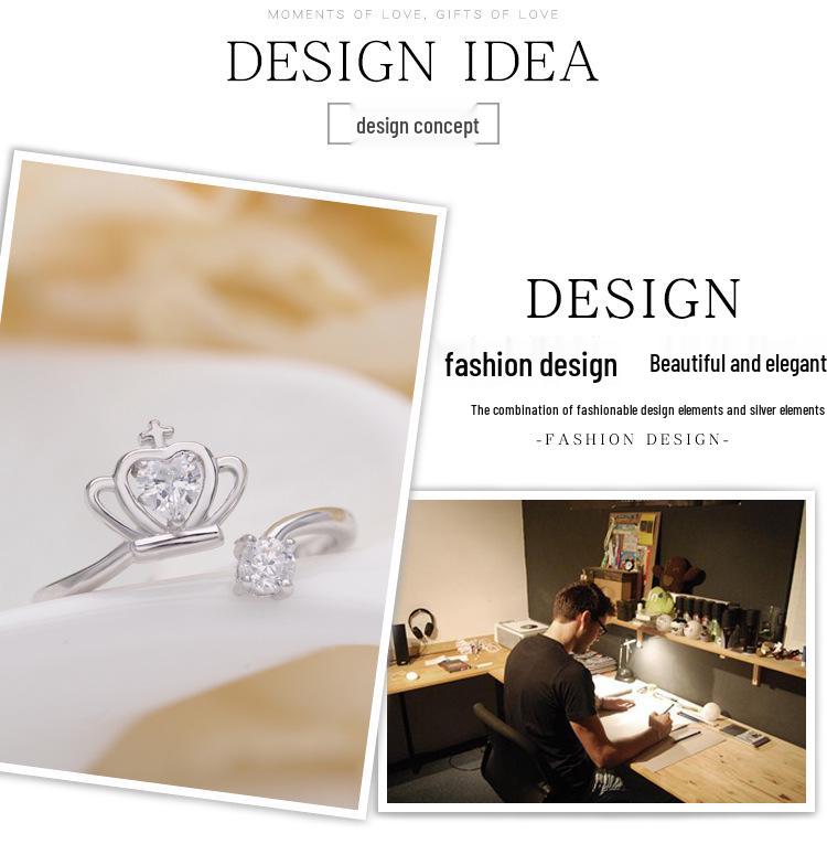 Korean Style Fresh Zircon Crown Heart Open Ring - S925 Sterling Silver