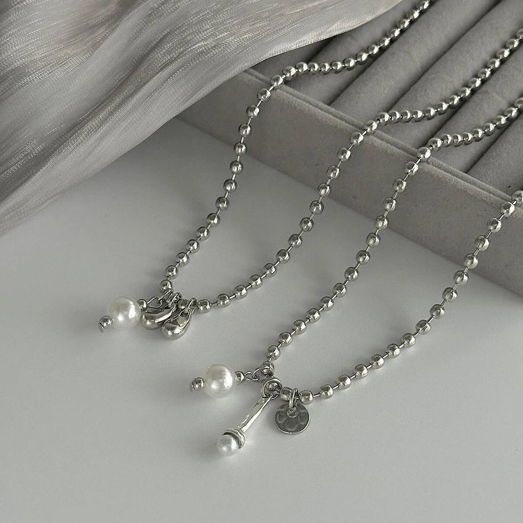 Salircon Trendy Exquisite Imitation Pearl Pendant Choker Necklace Women Punk Minimalist Silver Color CCB Beaded Chain Jewelry