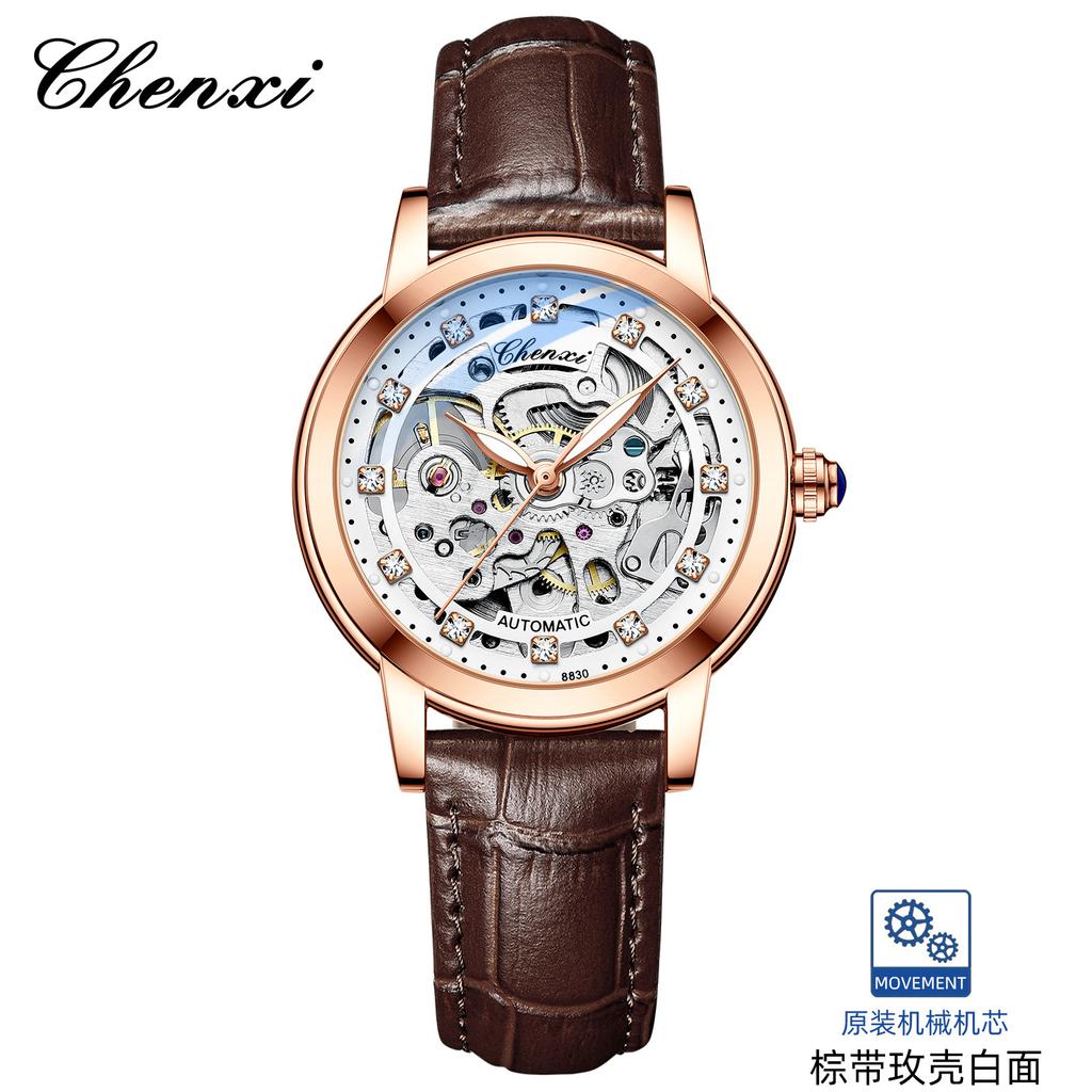 Orologio Meccanico Automatico da Polso da Donna di Lusso con Strass, Design Svuotato, Cinturino in Pelle, Alta Qualità, Moda, Business