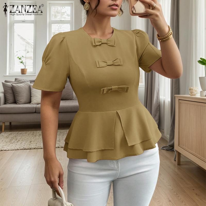 

ZANZEA Womens Casual Round Neck Bows Splice Summer Short Sleeve Blouse 5XL хакі