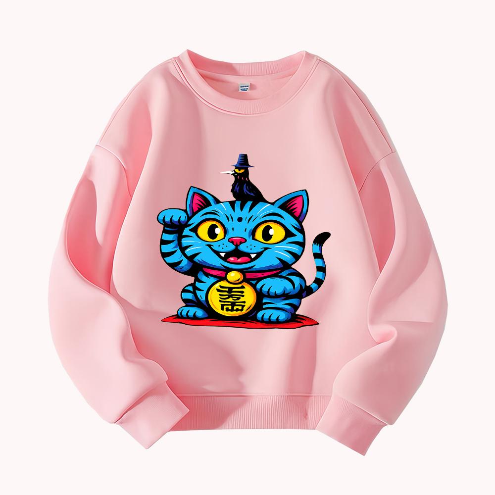 KPop Demon Hunter Lucky Blue Cat Sweatshirt Animal Print Casual Pullover Streetwear Unisex