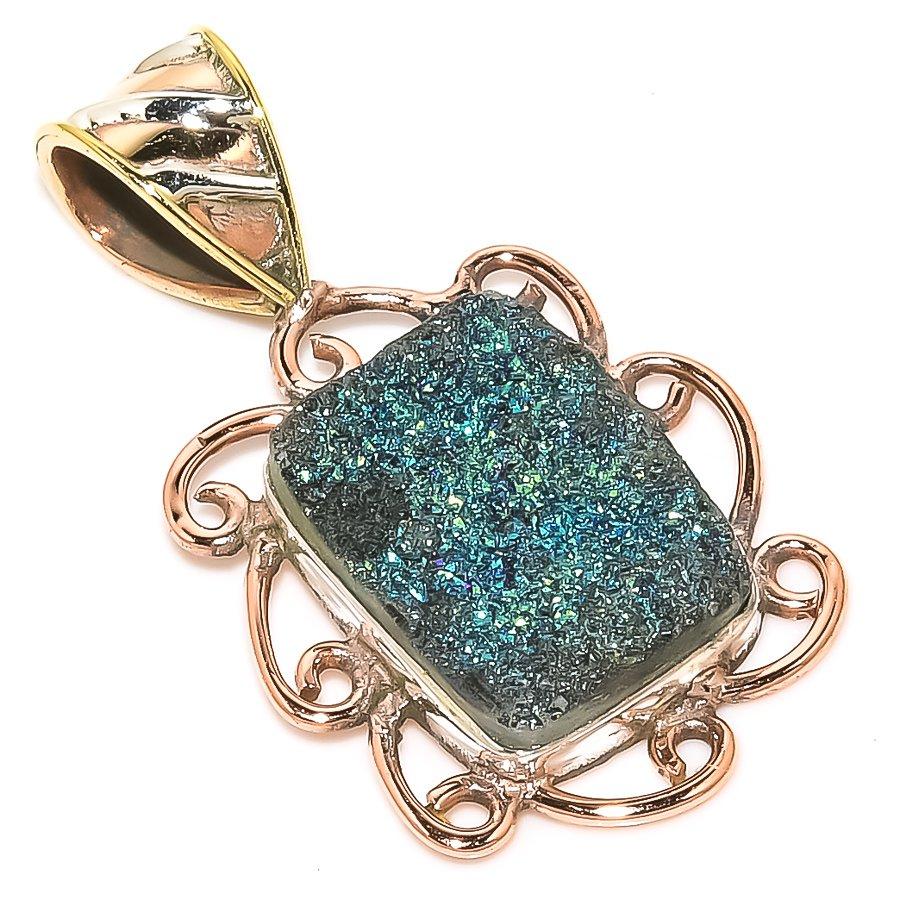 

Natural Titanium Druzy TwoTone 925 Solid Sterling Silver Gift Pendant 1.40 a0Z82