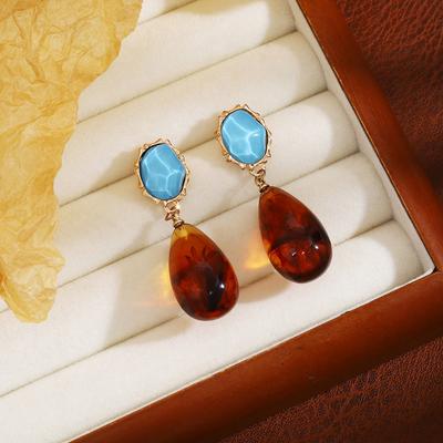 Retro Hong Kong Style Blue Turquoise Resin Water Drop Earrings, Maillard High-End Wave Light Amber Stud Earrings For Women