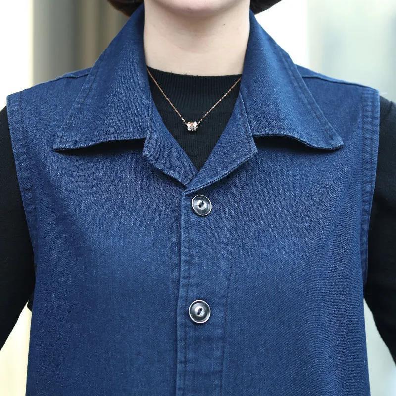 Flower Embroidery Solid Color Big Pocket Women's Denim Vest Sleeveless Spring and Autumn Loose Casual Coat Waistcoats