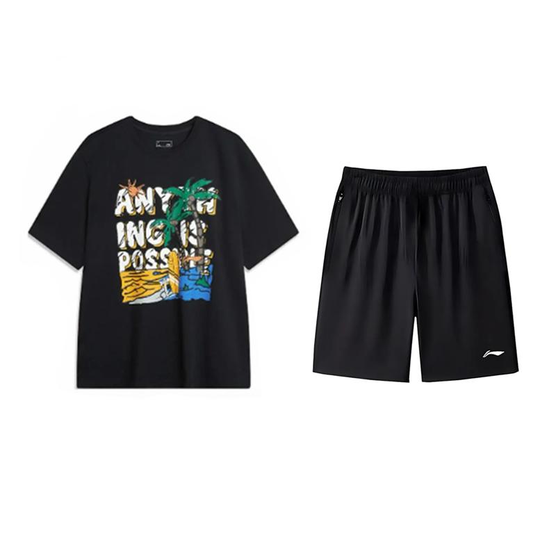 

Li-Ning Summer Breathable Fashion Printed Round Neck Pullover Short Sleeve T-Shirt Casual Sports Suit Unisex Tops AHSU707-1+AKSV843-1 L