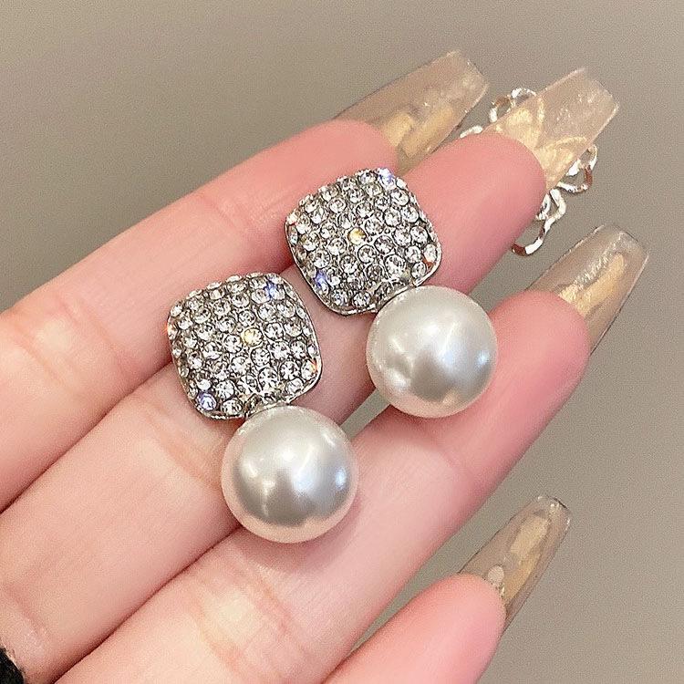 S925 Silver Pearl & Diamond Square Stud Earrings for Women - Unique, Elegant High-End Design Small