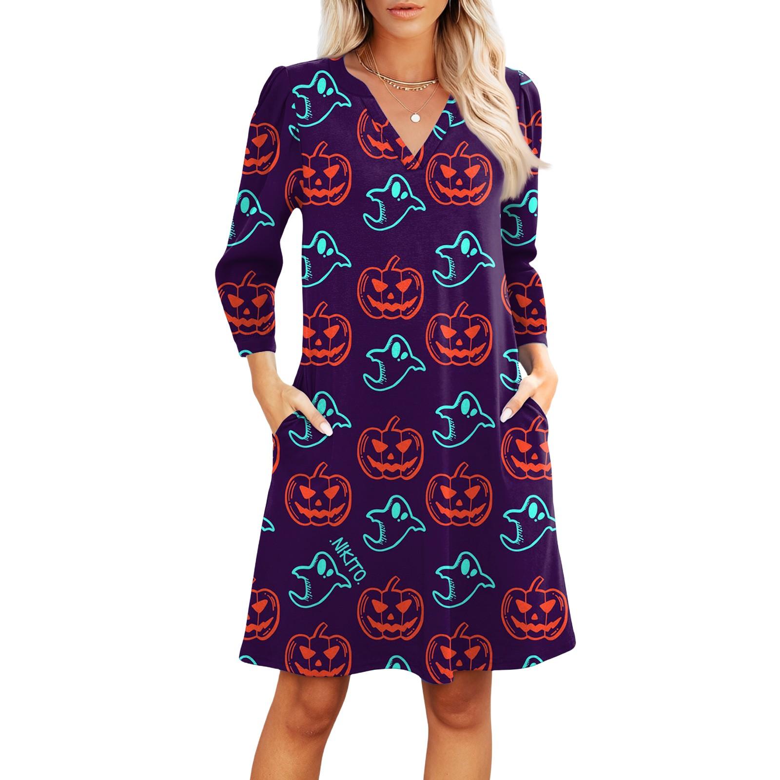 

Женское модное платье с V-образным вырезом, повседневное пляжное платье с рукавами три четверти, платье с принтом на Хэллоуин XXL