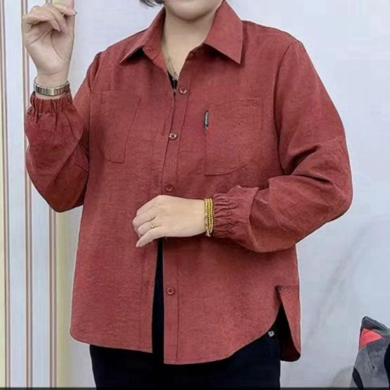 

Модная однотонная рубашка с длинным рукавом для женщин, воротник поло, свободная, приталенная, повседневный, универсальный топ L красный