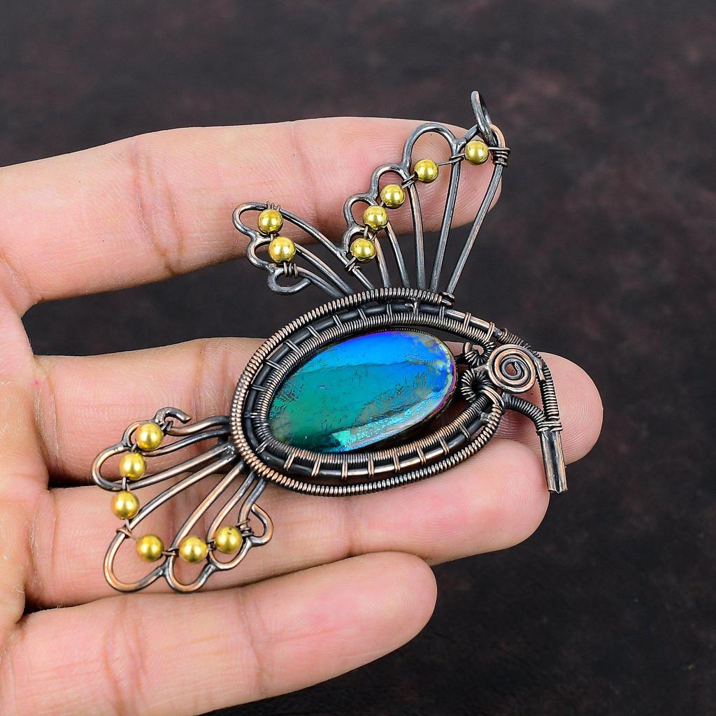 Mystic Fire Labradorite Gemstone Pendant Copper Wire Wrapped Pendant Handmade Designer Pendant Copper Wire Wrap Bird Jewelry Gift For Mother