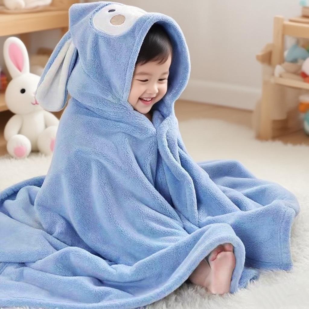 Children's Hooded Coral Fleece Bath Towel - Soft, Absorbent, Cartoon Design
