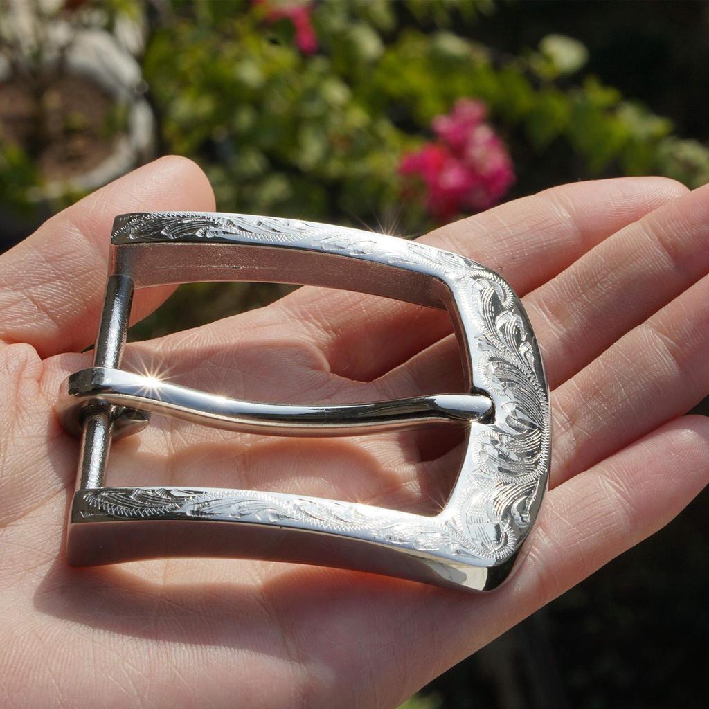 Kokoungkuan Belt Buckle Handmade Engraving Stainless Steel Width 40mm Silver Men's