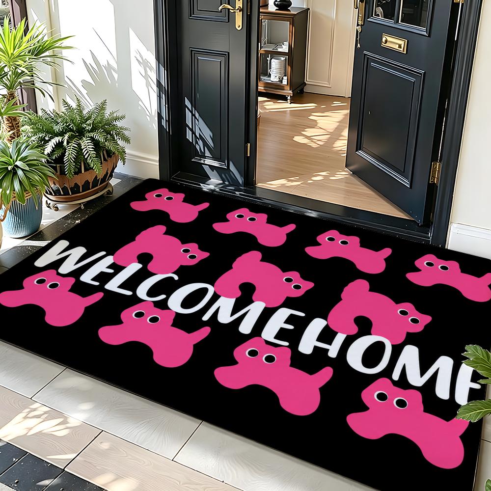 Pink Cute Dogs Paws Welcome Home Pet Doodle Theme Floor Mat Soft Flannel Non Slip Absorbent Entryway Bathroom Bedroom Garage