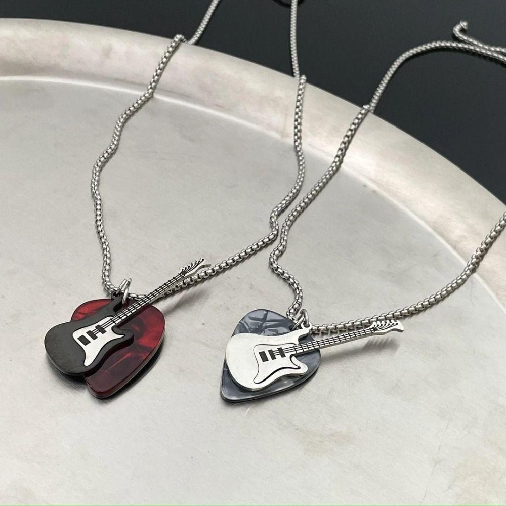 Punk Guitar Pick Pendant Necklace Titanium Steel Electric Guitar Sweater Chain  Boys