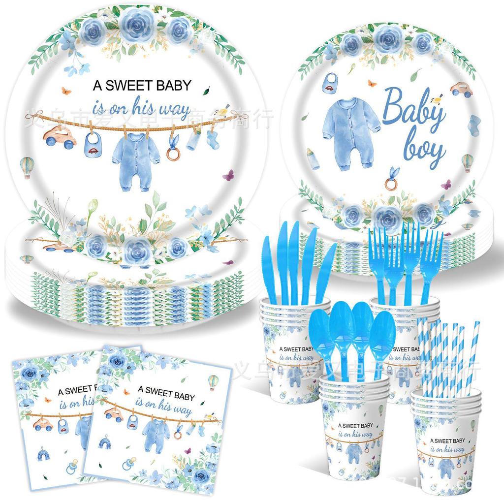 Baby Christening Party Set: Disposable Plates, Napkins, Tablecloth, and Banners