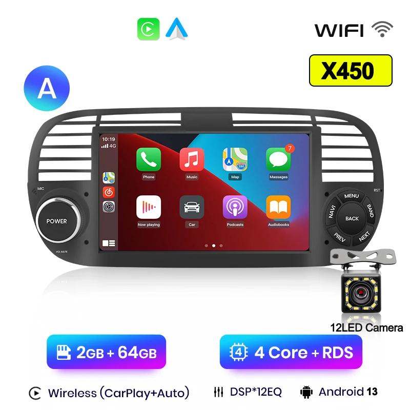 Android 13 Wireless CarPlay for Apple 2Din Auto Radio for FIAT 500 Abarth 2007 2008 2009-2015 Multimedia Screen Stereo GPS BT