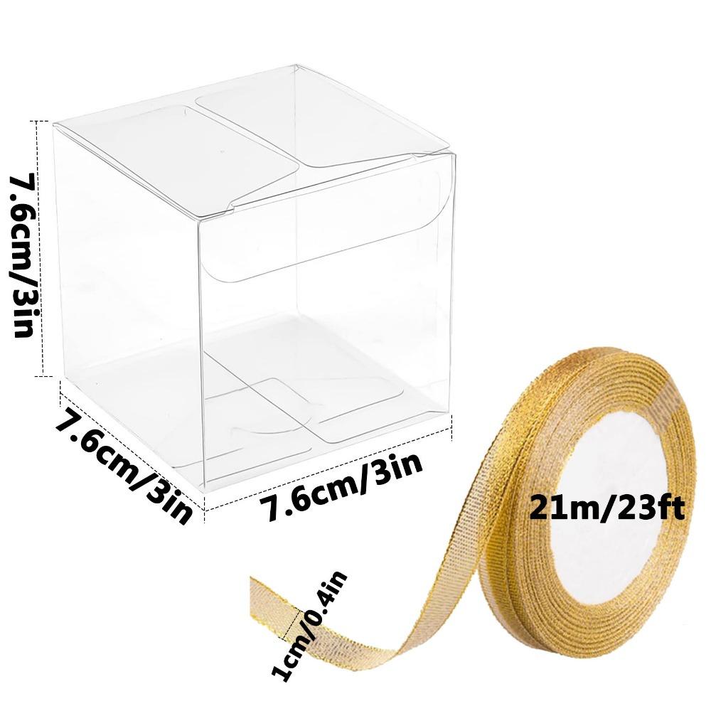 15pcs PET Clear Plastic Party Favor Boxes with Golden Ribbon Transparent Cube Treat Boxes Gift Packaging Boxes Waterproof Folding Gift Containers