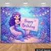 2D Ocean Fairy Tale Birthday Party Banner Background Mermaid Sitting On a Shell Holding a Signboard As the Theme