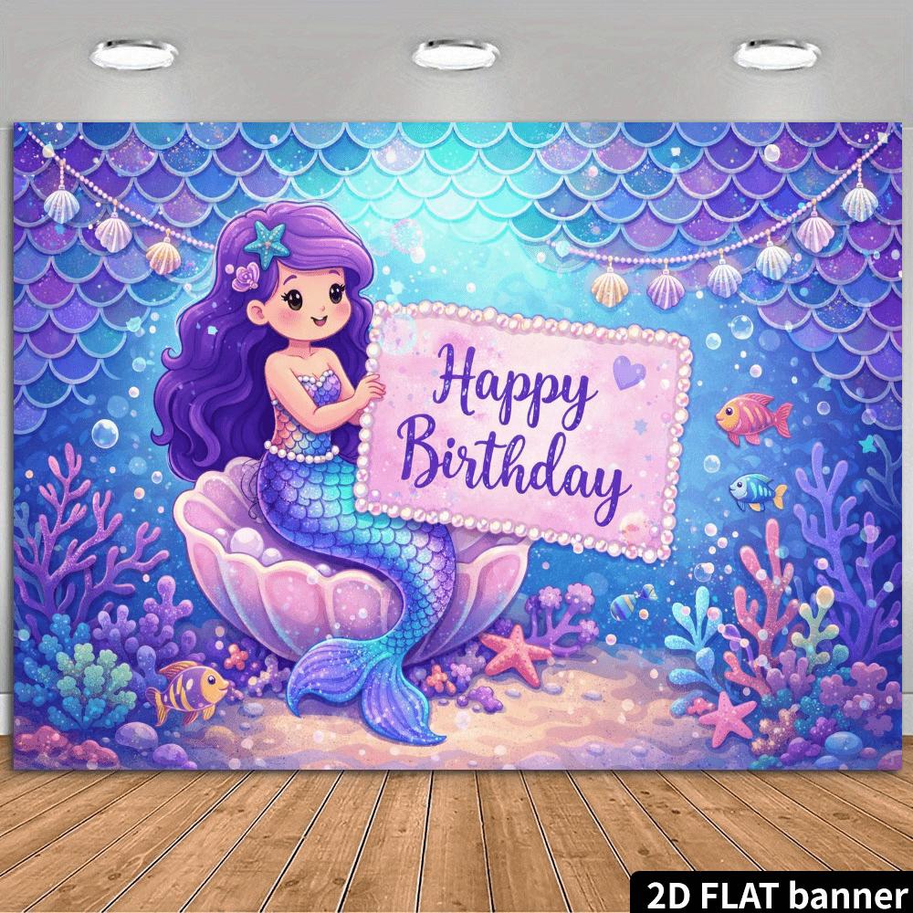 2D Ocean Fairy Tale Birthday Party Banner Background Mermaid Sitting On a Shell Holding a Signboard As the Theme
