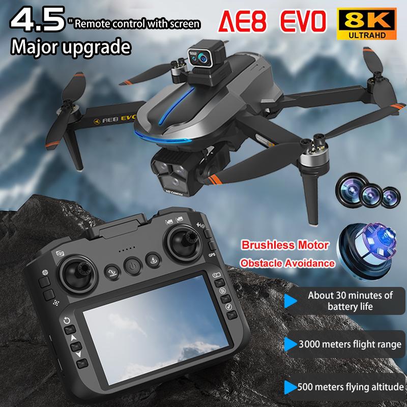 AE8 EVO GPS Drone 8K Professional HD Three Camera with Screen 5G WIFI 360°Obstacle Avoidance Brushless Rc Quadcopter FPV 5G WIFI Transmission UAV