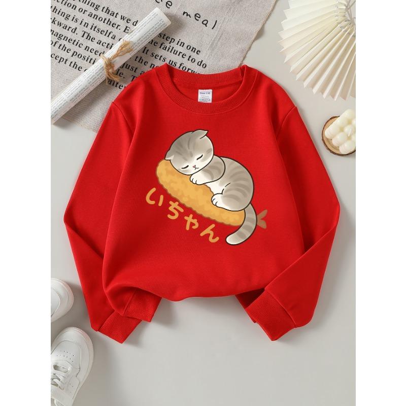 European Sizes Girls' Long-Sleeve Round Neck Sweatshirt "Sleeping Cat" Print, Spring/Autumn, Casual, Daily & Sports.