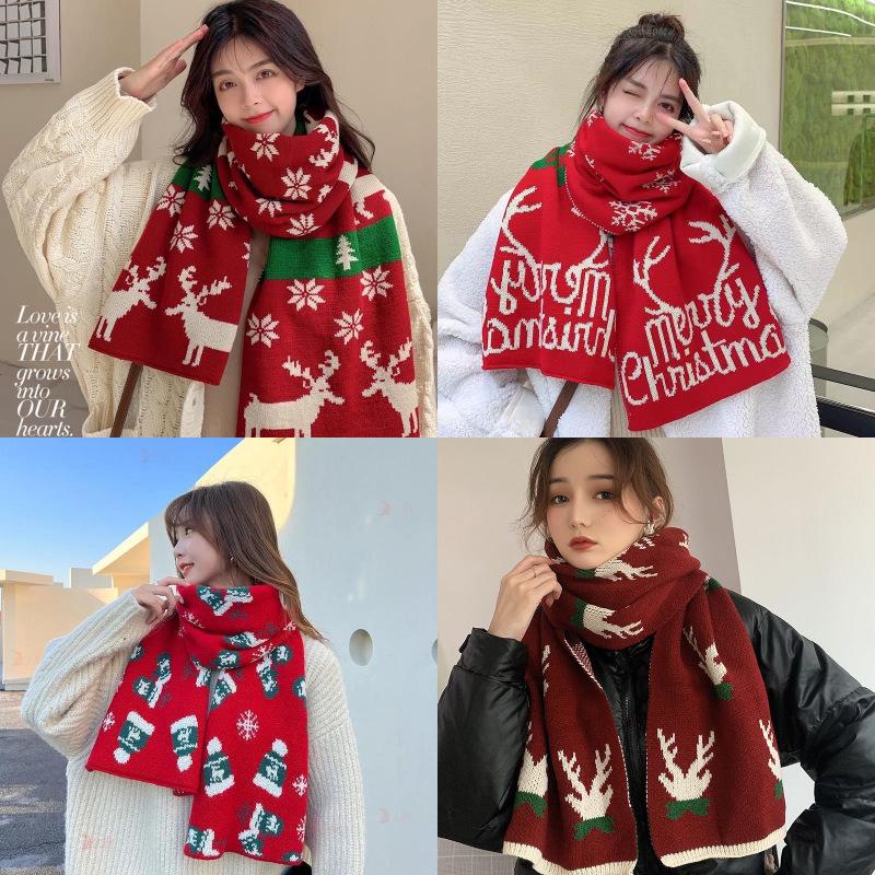 Women's Red Knitted Wool Scarf: New Year & Christmas, Warm & Versatile for Autumn/Winter