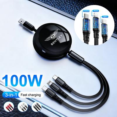 100W 3-in-1 Micro Data USB Type-C Type C Fast Charger Cable For New Bentley Flying Spur ContinentalGTBentaygaMulsanneAccessories