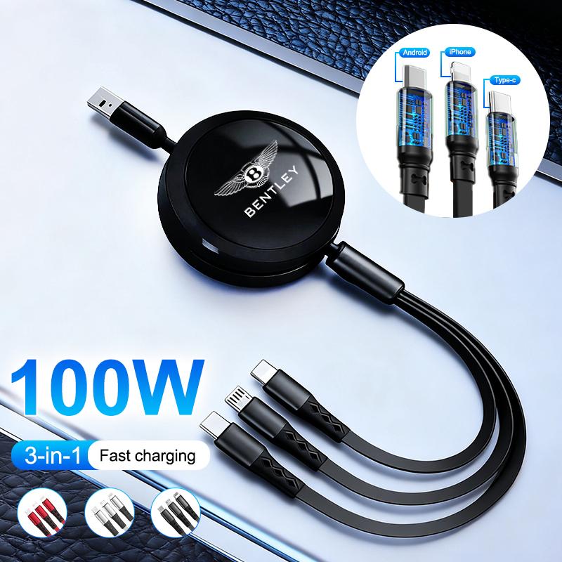 100W 3-in-1 Micro Data USB Type-C Type C Fast Charger Cable For New Bentley Flying Spur ContinentalGTBentaygaMulsanneAccessories