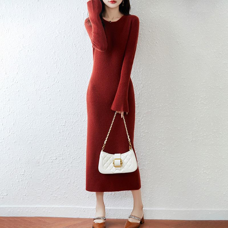 Elegant Women's Round Neck Slim Fit Wool Knit Dress