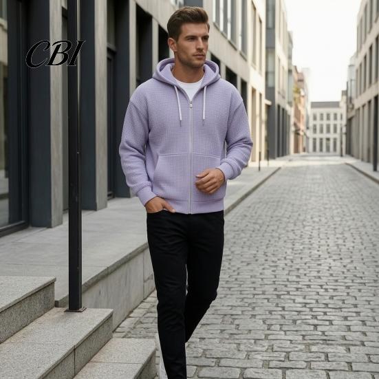 Fashionable Waffle Knit Hoodie Men's Hooded Jacket, Solid Zip Up with Adjustable Lightweight Athletic Outerwear Hood & Pockets, Long Sleeve