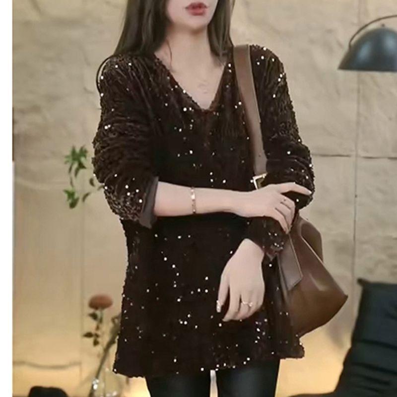 

Женская одежда Винтажный Золотой Вельвет Пайетки Разрез Элегантный Шикарный Базовая Футболка Дамы V-образный вырез Однотонный Длинный рукав Оверсайз Туника Топы XL кофейный