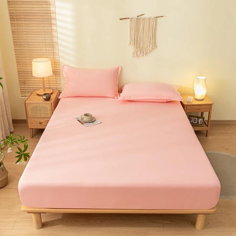 Solid Color Brushed Fitted Bed Sheet Set with 2 Pillowcases Soft Comfortable Non Slip Mattress Protector Cover for Single Double