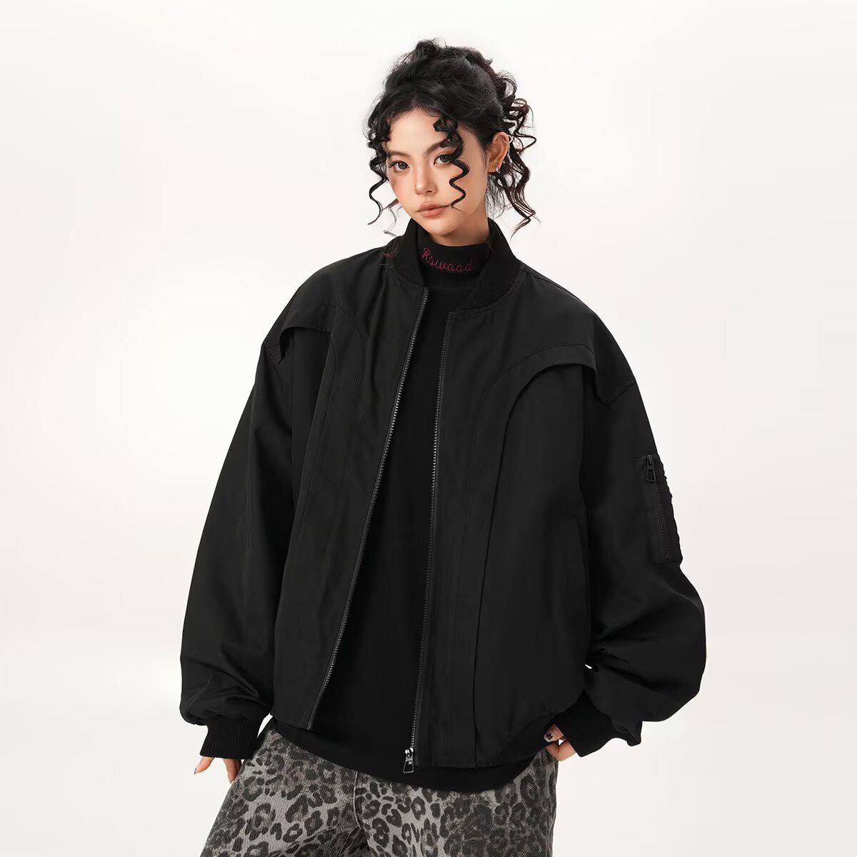 Ретро Американская Пилотская Бомбер-Куртка Весна/Осень 2026 - Деконструированная Короткая Уличная Бейсбольная Верхняя Одежда M чёрный