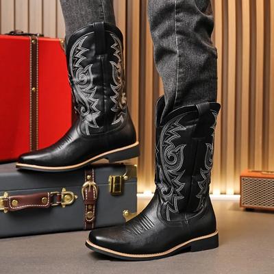 2024 Western Cowboystiefel Herren Größe 46 Runde Zehenpartie Reißverschluss Langschaft Hoher Schaft Vintage Retro Lederstiefel Ritter Arbeitsschuhe 2024