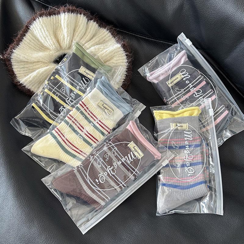 Color-blocking Striped Mid-calf Socks, Autumn Trend, Letter-label, Double-seam, Rolled-up, Pile Socks, Boneless