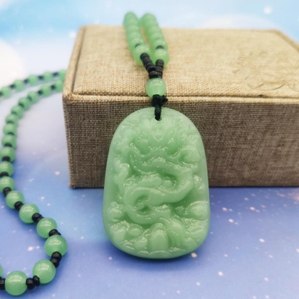 Unisex Green Jade Guanyin & Guan Yu Pendant Necklace – Imitation Chalcedony Buddha & Dragon Sweater Chain